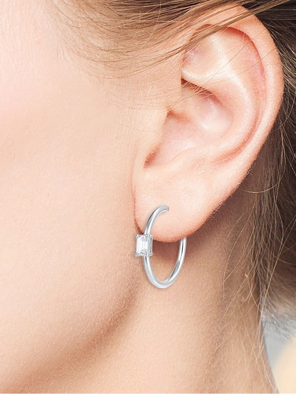 Sterling Silver Hoop Earrings with Clear Emerald-Cut Stone Accents